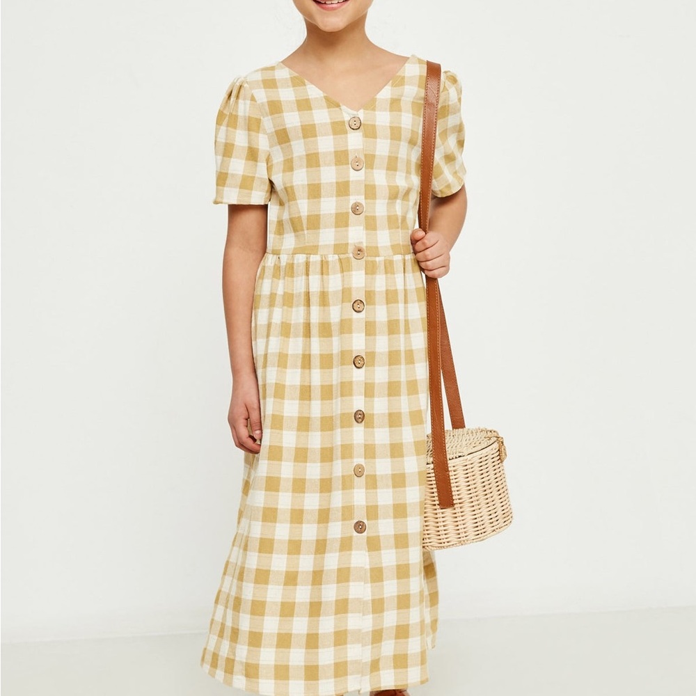 Girl’s Hayden Yellow Gingham Button-Front Dress